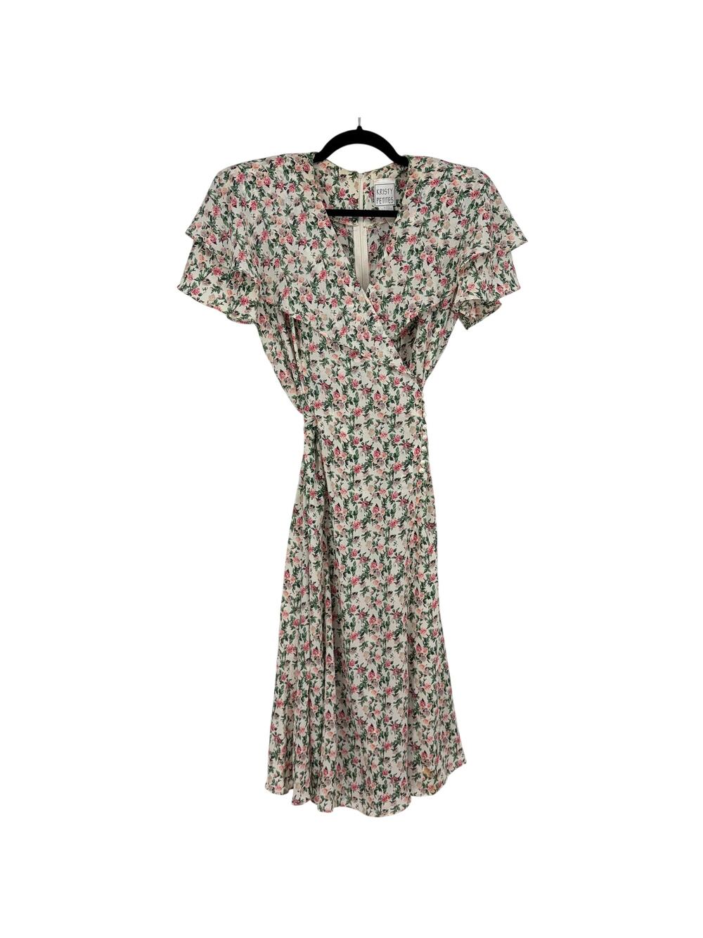 Kristy Petites Vintage Floral Fit and Flare Shoulder Pads Ruffle Sleeves Size 14